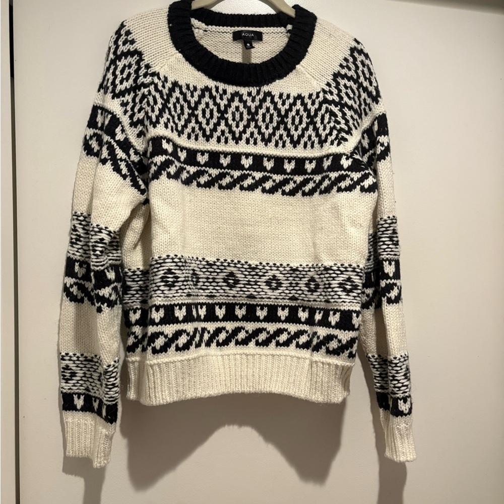 Aqua Black and White Patterned Crew Neck Sweater